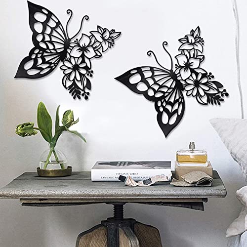 Image of EZ4ENCE 2PCS Butterfly Decoration Wall Art Boho Wall Home Decor Hanging Appearance Wall Decor Metal Hanging Butterfly Decor Flower Wall Art for Bedroom Living Room Home Wall,Black(Large)