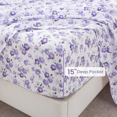 Image of Softan Puple Floral King Sheet Set, 4-Piece Microfiber Printed Fitted Sheet with 15 inch Deep Pockets & Non-Slip Straps, White Flower Patterned Bedding Sheets & Pillowcase Set