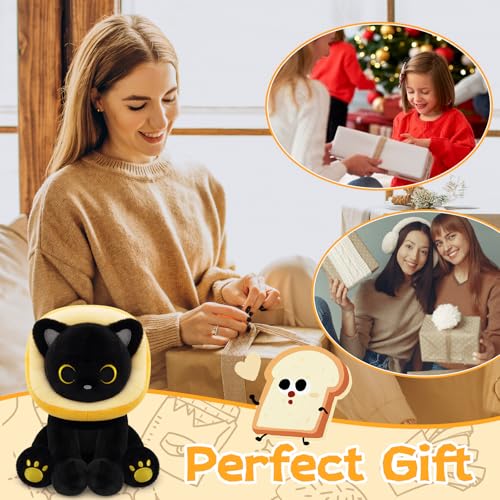 Image of Black Cat Plush - 8inches Cat Stuffed Animal with Toast Bread | Removable Hood, Cute Plushie Soft Kitten Doll Toy for Kids Boys Girls, Birthday Gifts