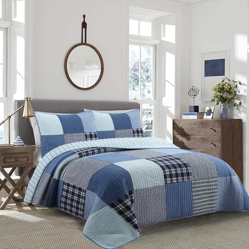 Cozy Line Home Fashions Navy Blue Plaid Patchwork Boy 100% Cotton Reversible Quilt Bedding Set, All-Season Coverlet Bedspread (Douglas, Twin - 2 Piece)