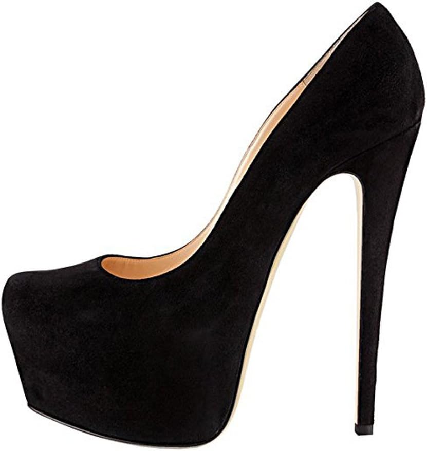 Women's Platform Heel Slip On Pumps Round Toe Comfortable Super Stiletto High Heel with Dress Party Black Suede Size 5