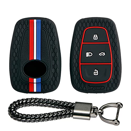 Image of keyzone Striped silicone key cover and keychain compatible forPunch.EV,Altroz,Nexon.EV,Punch,Tigor.EV,New Safari,Tiago.Ev,Nexon,Harrier,Tiago,Tigor 4 Button Smart Key(Black with Black LT Keyring)