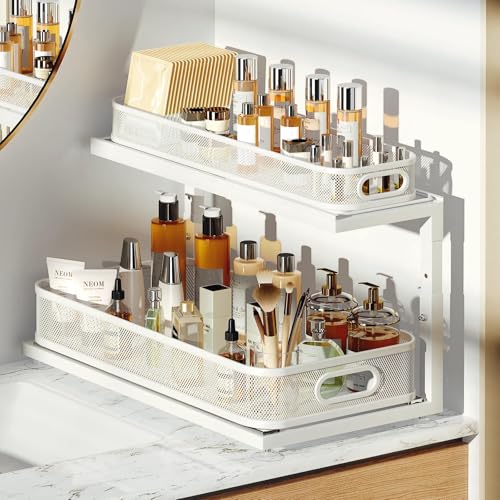 Image of 2-Pack 21.3 IN Depth Under Sink Organizer With Next-Gen Ball-Bearing Slides,Sophisticated Mesh 2-Tier Pull Out Shelf for Kitchen & Bathroom,Fits Small Items-White(Patented)