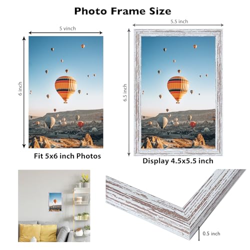 Image of JCJMY 5x6 Picture Frame Rustic White for Wall Hanging or Tabletop, Wall Mounting Horizontally or Vertically, 5 x 6 Wall Gallery Poster Photo Frame with Shatter Resistant Plexiglass, Rustic White