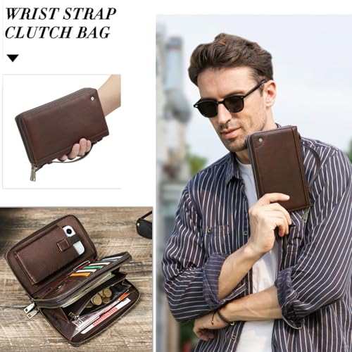 Contacts Full Grain Leather Clutch Bag for Men Anti-Lost Wallet Airtag Purse Travel 18 Cards Organizer Rfid Zipper Phone Wristlet Handbag (Brown)2