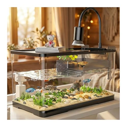 Homodoskey Acrylic Fish Aquarium Ultra Clear Turtle Tank Starter Kit with Light & Filter Innovative Bottom Drainage Desktop Mini Habitat - Multi-Function Areas for Crabs & Small Reptiles (Size L)