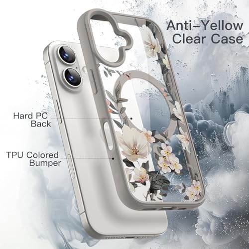 Image of VONZEE Compatible with iPhone 16 Case Luxury Retro Flowers Floral Clear for Magnetic Wireless Charging Case Shockproof Case PC+TPU Cute Glossy Shiny Cover for Girls Women, 6.1'' Grey
