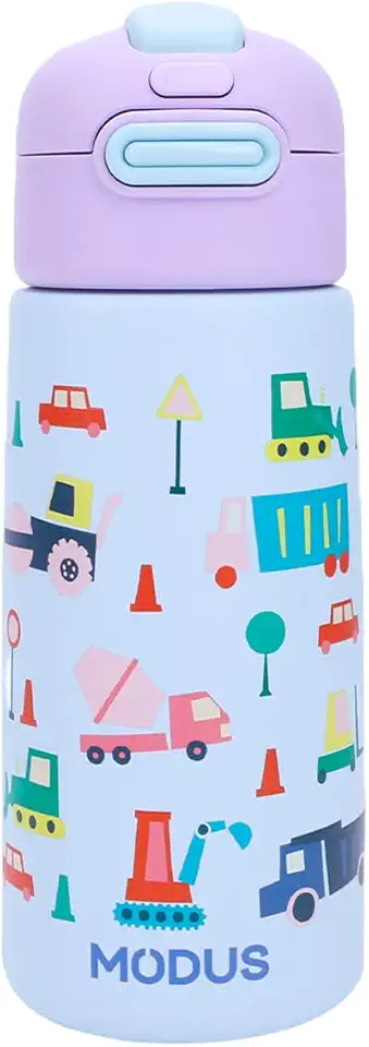 Garrafa Térmica Infantil - 500mL, Parede Dupla Livre de BPA, Anti Vazamento, com Canudo Silicone (Azul Em Obras)