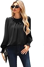 Kate Kasin Women's Ruffled Front Blouse Puffed Long Sleeve Crew Neck Keyhole Back Office Work Business Tops