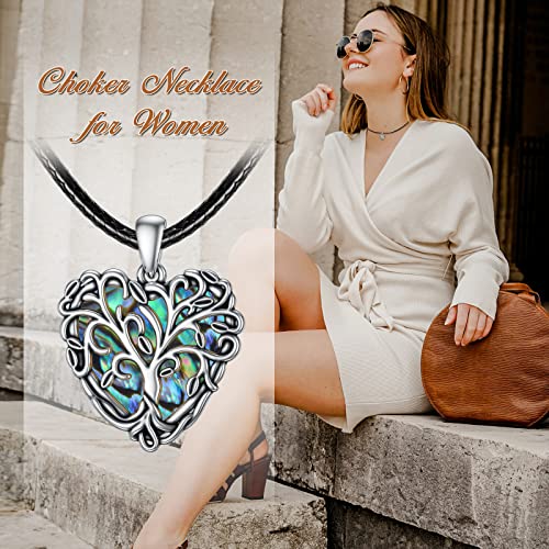 Aoboco Tree Of Life Choker Necklace 925 Sterling Silver Black Leather Choker Necklace With Abalone Shell, Birthday Jewelry Gifts For Women Girls #TOP4