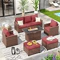 VONZOY 6 Pieces Patio Furniture Set with 44" Gas Fire Pit Table, Outdoor Sectional Conversation Sets, All-Weather Wicker Rattan Sofa w/Gas Fire Pit, Ottoman, Thick Cushion Wine Red