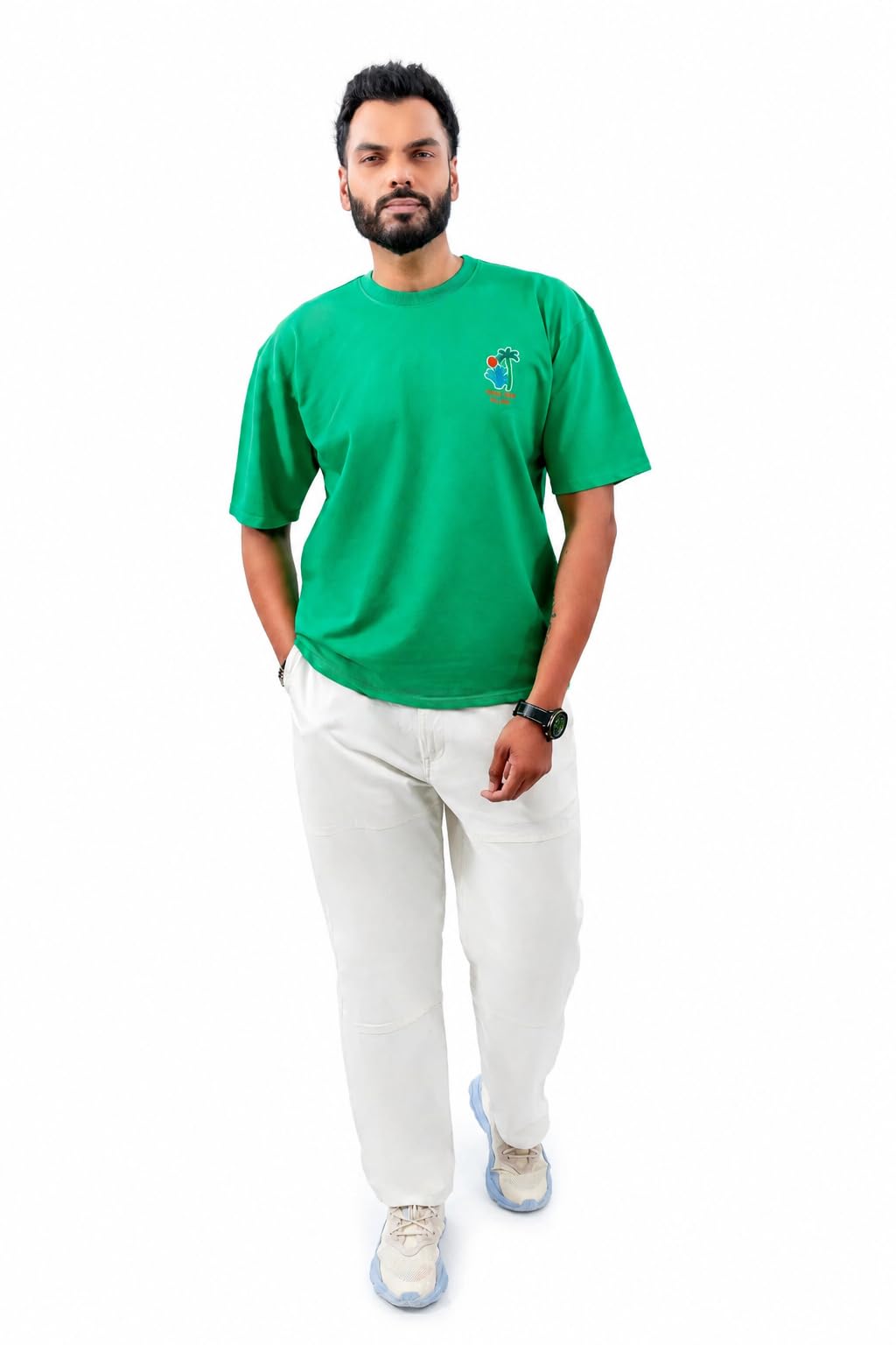 Men's Oversized T-Shirt, Green, 100% Pure Cotton, Palm Tree Embroidery, Half Sleeve, Bio Wash Finish-image-1