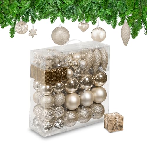 Relaxdays Weihnachtskugeln 110er Set, Kunststoff, Weihnachtsbaumdeko mit Kugeln & Lametta, Christbaumschmuck, Champagner