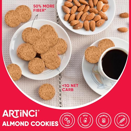Artinci Sugar Free Almond Cookies 185g, Premium California Almond Flour, Gluten-Free, No Maida, Diabetic Friendly, High Protein and High Fiber Digestive Biscuits, Sugarfree Healthy Cookies
