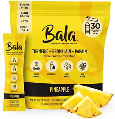 BALA Hydration Turmeric Drink Mix Packet|Sugar Free Electrolyte Powder, Muscle Recovery, Immune Support, Joint Relief|Zero Sugar, Plant-Based Enzymes, Bromelain, Papain, Curcumin(Pineapple 30 Pack)