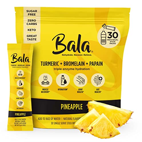 Bala Hydration Turmeric Drink Mix Packet|Sugar Free Electrolyte Powder, Muscle Recovery, Immune Support, Joint Relief|Zero Sugar, Plant-Based Enzymes, Bromelain, Papain, Curcumin(Pineapple 30 Pack) #TOP3