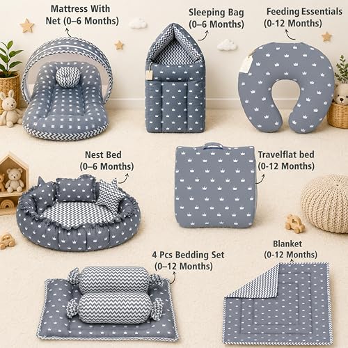 Image of Infantbond by fareto Baby Bedding Set Combo | Flat Bed | Carry Bag | Full All Daily Needs Bedding in Single | Blanket Pack (Pack of 8 Items) (0-6 Months) (Grey Crown)
