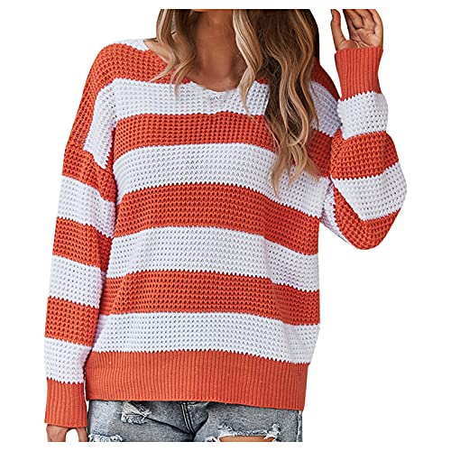 Briskorry Dames strepen lange mouwen gebreide trui ronde hals elegante trui losse tops shirt oversized ontspannen top stretch blouse gebreid mode hipster sweatshirt