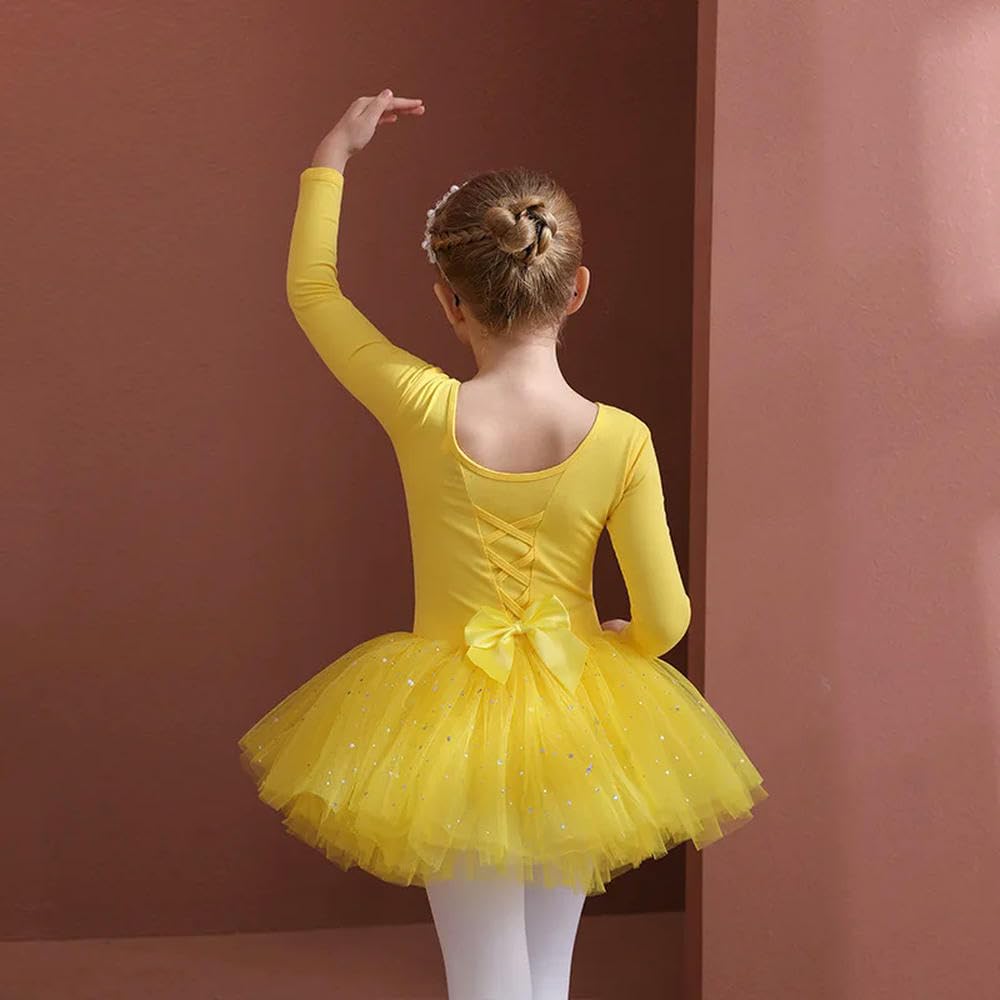 JJDFW - Tutù da danza per bambine, a maniche corte/lunghe, in tulle, con fiocco, per ginnastica, Natale, compleanno, abbigliamento da danza