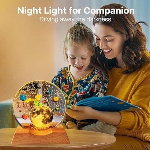 Image of One94Store Moon Star & Dream Girl Crystal Lamp Combo with Wooden Base, 3D LED Night Lights for Bedroom Decor, Kids Room, Gift Set, Nursery Light, Home Decorative Light