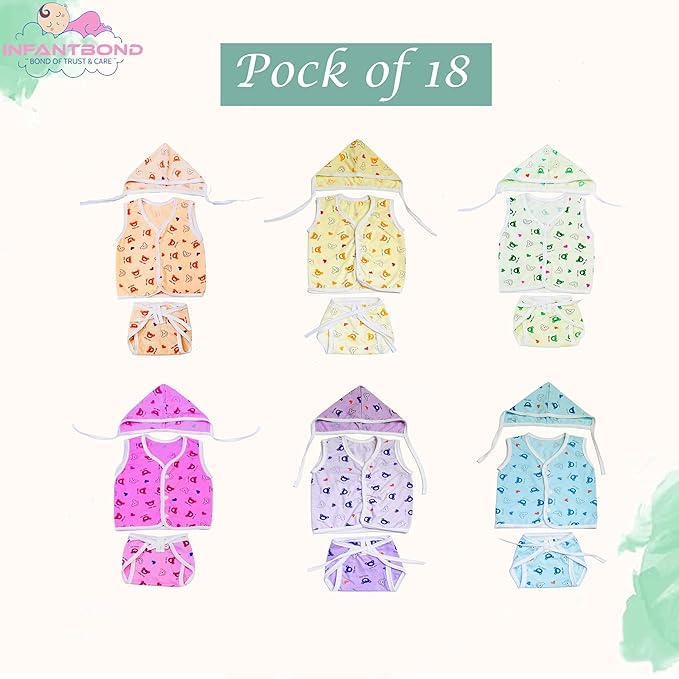 Image of Fareto New Born Baby Clothing Set Front Open Half 6 Shirts | 6 Tying Nappies | 6 Tying Caps | Infant Cloths (0-3 Months) (Pack Of 18)