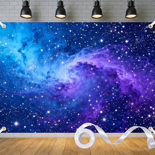 Galaxy Backdrop Outer Space Party Decorations Polyester Starry Night Sky Backdrop Space Tapestry Universe Nebula Theme Photo Background Cosmic with Ribbon (Galaxy 7x5 Ft)