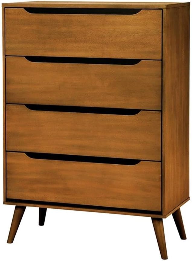 BOWERY HILL 4-Drawer Mid-Century Chest, Solid Wood/Wood Veneer/MDF, Oak Finish, 34" W x 17" D x 48" H, Slim Flared Legs, Recessed Drawer Pulls, Full Extension Metal Glides, Bedroom Storage Furniture