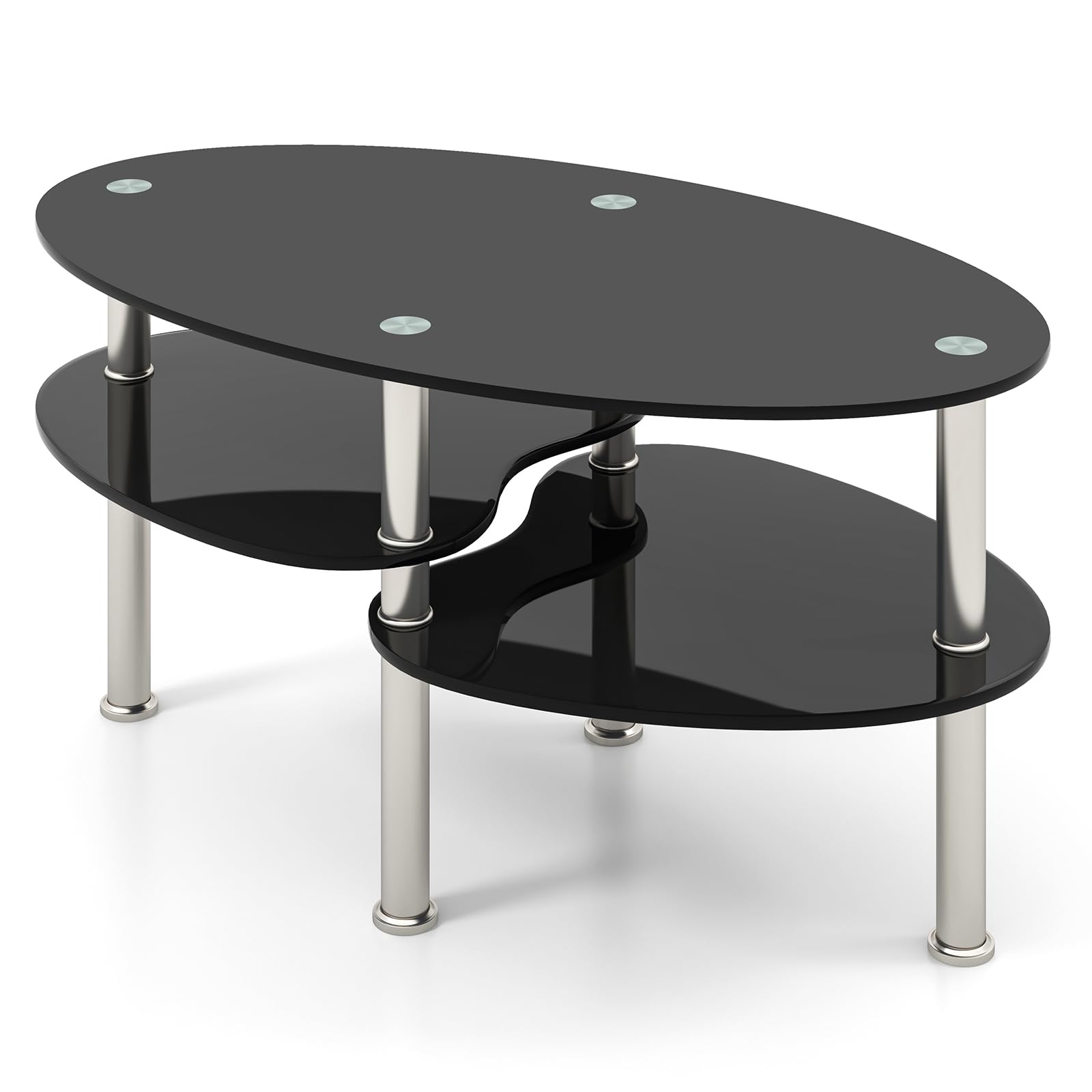 Tempered Glass Coffee Table 3 Tier Oval Cocktail Tea Center Table with Open