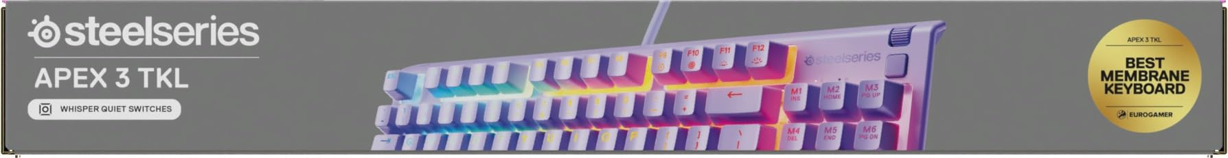 SteelSeries Apex 3 TKL Lawendowa RGB - klawiatura dla graczy – Obudowa bez części numerycznej – 8-strefowe podświetlenie RGB –Odporna na wodę i kurz –Niezwykle cichy przełącznik mechaniczny -UK QWERTY