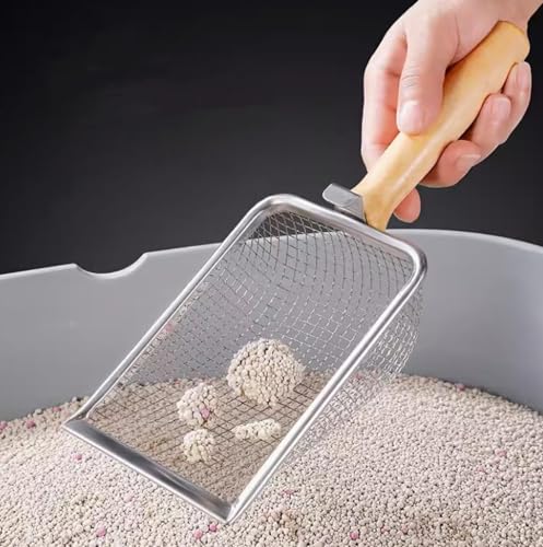 猫砂シャベル細孔小顆粒木柄ステンレスシャベル猫トイレシャベル(細孔:3.8*3.8mm)