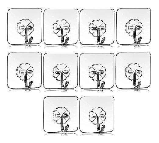 PELIRONE Wall Hook for Hanging Strong Adhesive Wall Hook for Wall Heavy Wall hangings, Kitchen Accessories, Clothes Hanging, Stainless Steel, Keys Bags Lights Calendars Transparent (Large, 5)