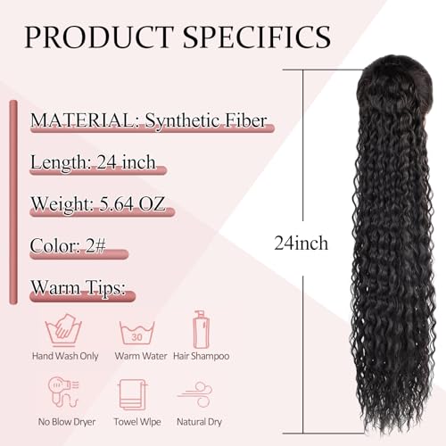 Drawstring Ponytail Extension, 24 inch Long Curly Ponytail Hair Extension Synthetic Hairpiece for Women(2#, 24 inch) - Image 2
