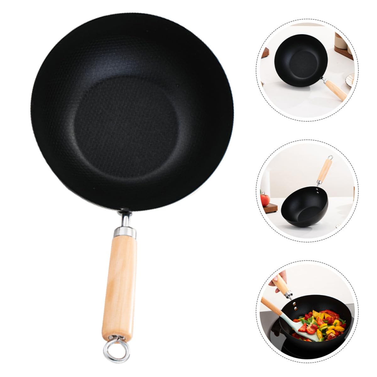 Amosfun Padella Wok Antiaderente in Acciaio Inox 22 Cm senza Coperchio con Manico Ergonomico in Legno, Mini Padella per Uova e Cottura Uniforme su Tutti i Fornelli, per Cucina Casalinga