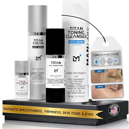 Man Labs Titan Sports Anti-Aging Mens Skin Care Kit – Cleanser, Face Serum, Mens Eye Cream, Face Moisturizer – Skin Care Men – Dark Circles, Wrinkles, Fine Lines – Vitamin C, Niacinamide, HA–Unscented