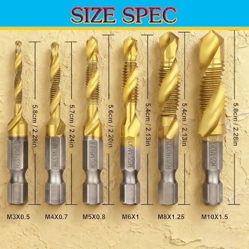 6 Pcs Drill Tap Set | Titanium Plated Combination Taps Drill Bit Set | M3 M4 M5 M6 M8 M10 Hex Shank HSS Screw Thread | Metric Compound Tap Drill Bits| Metal Drilling Deburring & Countersinking
