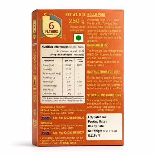 Image of 6Flavors Kollu Podi Powder 250g | Horse Gram (Kulthi) Podi Masala | Protein Rich South Indian Chutney Powder for Idli, Dosa & Rice | High Fiber, Weight Management Support | Traditional Podi Mix