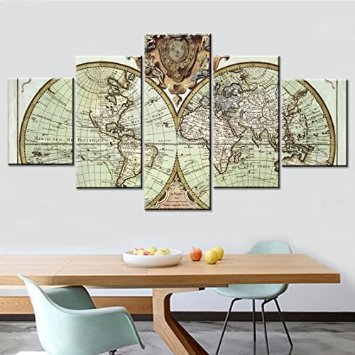 Carte Du Monde En 5 Panneaux - Toile Encadrée - Déco Murale Tableau