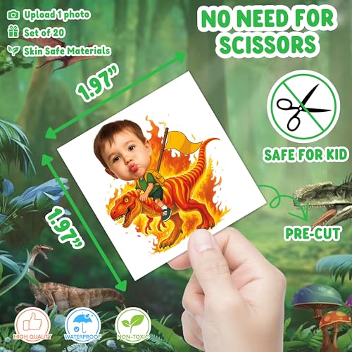 Image of Custom Funny Dinosaur Temporary Tattoos for Kids | Personalized Pre-Cut Face Photo, Birthday Party Favors for Boys, Dinosaur Lovers, Set of 20