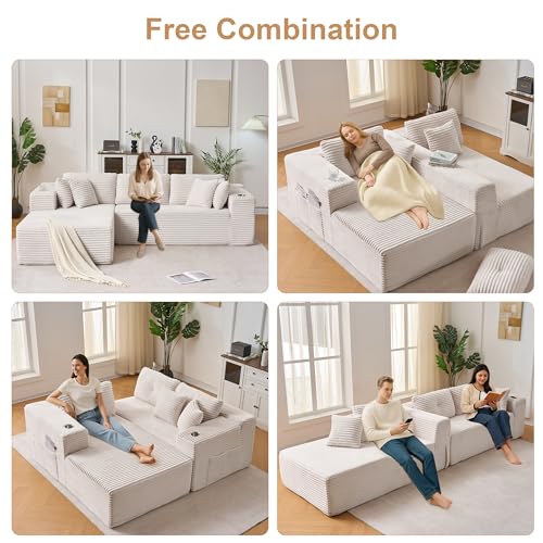 Image of Modular Sectional Sofa, 105 inch L Shaped Comfy Cloud Couch with Deep Seat, Boneless Couch for Living Room, Corduroy Modular Sofa with Chaise and Cup Holders, No Assembly Required, Beige