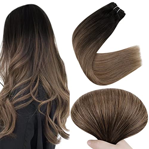 Easyouth Weft Hair Extensions Human Hair Balayage Sew in Hair Extension Darkest Brown Fading to Ash Brown Straight Weft Extensions Remy Hair Weft for Women 14Inch 70g/Pack