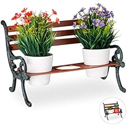 Macetero Barro Gris Relaxdays Soporte Macetas Banco Jardín, Hierro fundido-Madera, Marrón-Gris-Verde, 3 Macetas, Ø 9 cm