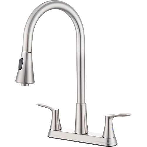 HOMELODY 2 Handles Kitchen Faucet with Pull Down Sprayer for 3 Hole Sink, 8 inch 360° Rotating Spout Centerset Kitchen Sink Faucet with Water Lines Brushed Nickel