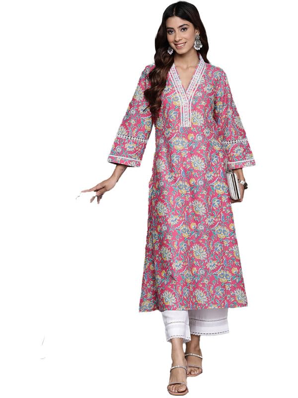 Varanga Women Pink Floral Printed V-Neck Lace Detailed Straight Kurta (Small)