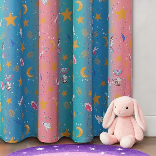 Image of Pink Teal and Blue Star & Moon Blackout Curtains for Girls Bedroom,38Wx72L