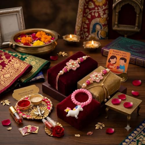 Image of SAUDEEP INDIA Decorative Fridge Magnet for Refrigerator Decor | Family Rakhi Combo Set for Bhaiya Bhabhi & Kid with Thali | Raksha Bandhan Gift | Couple Rakhi with Kid Rakhi | Festival Home Decoration