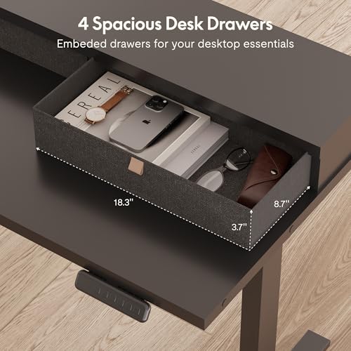 Image of FLEXISPOT 63 inch L Shaped Standing Desk Electric Corner Table with Monitor Shelf, 4 Storage Drawers, Adjustable Computer Workstation for Home, Office, Game, Studio, Black Top + Black Frame