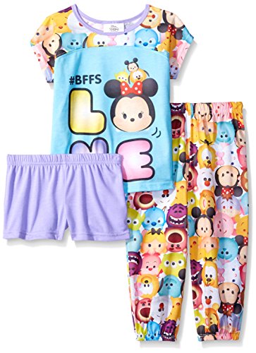 Disney Little Girls' Tsum Tsum 3-Piece Pajama Set, Blue/Purple, 4
