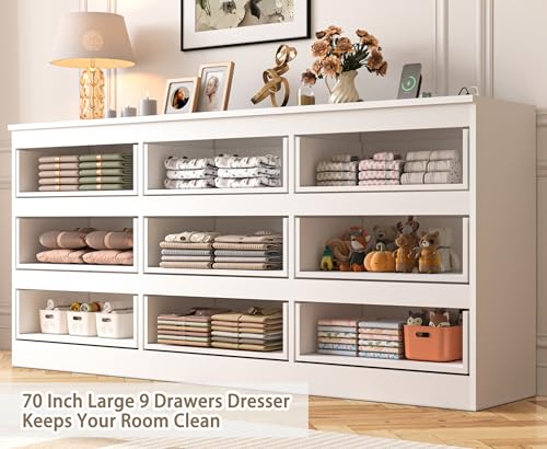 Image of JassmiPkwy 70 INCH 9 Drawers Dresser with Power Outlet, Wide High Gloss Chest of Drawers Large, Modern Storage Drawer Dresser for Bedroom, White