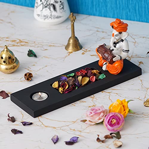 Image of eCraftIndia Orange White Resin Lord Ganesha Idol Playing Dholak Showpiece Potpourri Rectangle Tea Light Candle Holder| Ganpati Murti Tea Light Holder Diwali Decoration Items for Home Decor|Diwali Gift