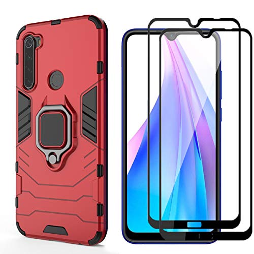 Dedux Funda + 2 Piezas Protector de Pantalla Compatible con Xiaomi Redmi Note 8T, Caída Militar [Funciona con El Montaje De Coche Magnético] PC Duro y TPU Case Carcasa. Rojo
